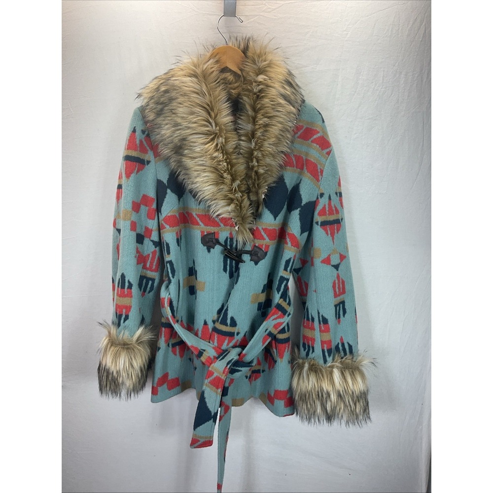 Tasha Polizzi Blue Aztec Southwestern Print Faux Fur Trim Cowgirl Western Sz XL